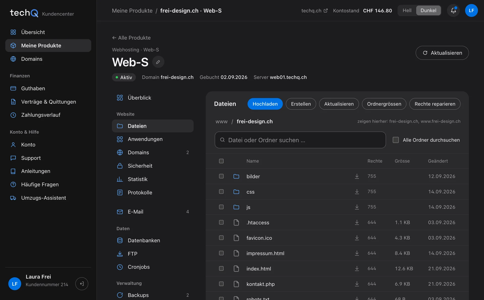 Datei-Manager im Kundencenter: Ordner und Dateien einer Website mit Rechten, Grösse und Datum (Beispieldaten)
