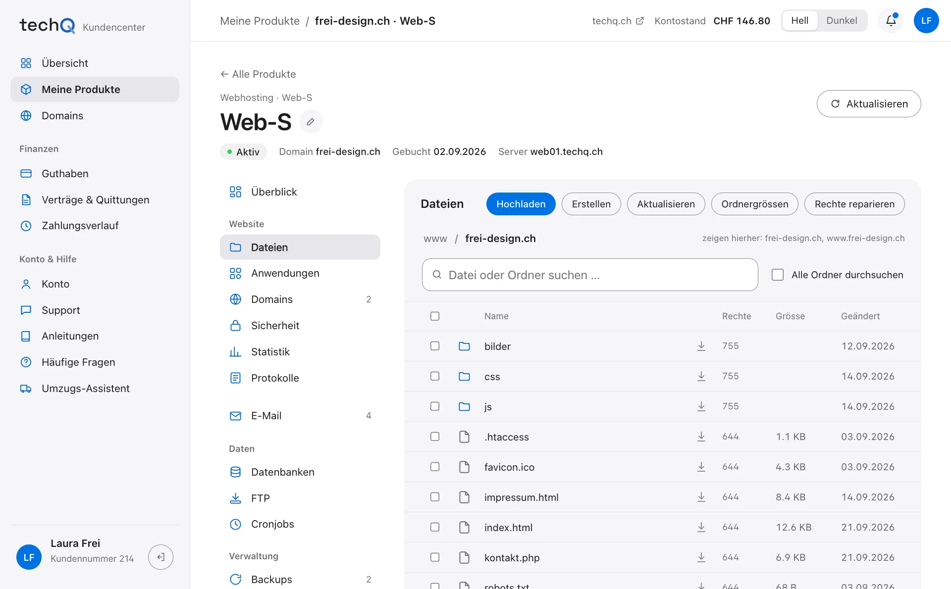 Datei-Manager im Kundencenter: Ordner und Dateien einer Website mit Rechten, Grösse und Datum (Beispieldaten)