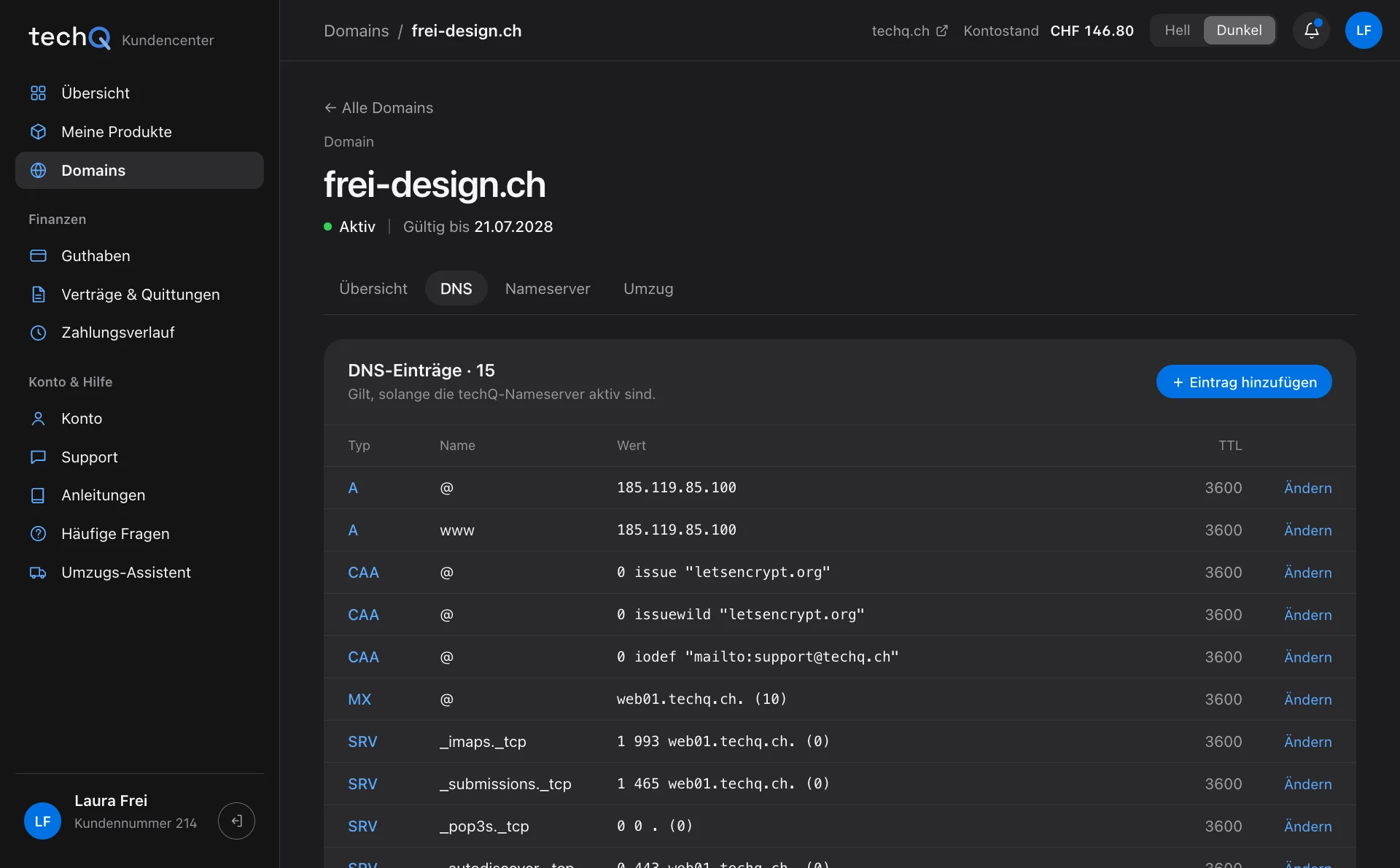 DNS-Einträge einer Domain im Kundencenter: A-, CAA-, MX- und SRV-Einträge mit TTL und Knopf zum Ändern (Beispieldaten)