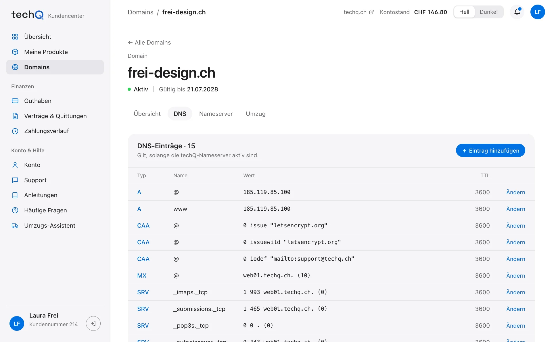 DNS-Einträge einer Domain im Kundencenter: A-, CAA-, MX- und SRV-Einträge mit TTL und Knopf zum Ändern (Beispieldaten)
