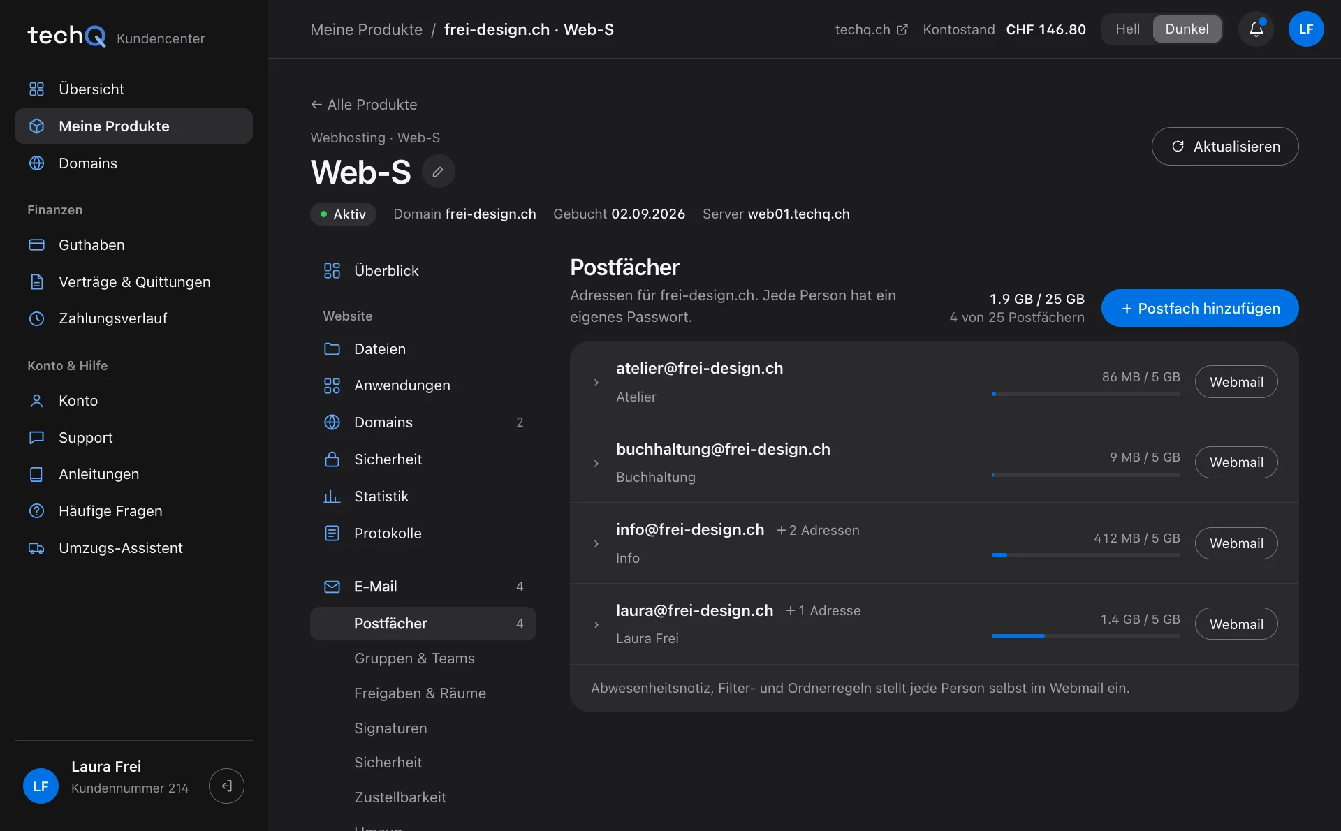 Postfächer im Kundencenter: vier Adressen mit Speicherbelegung und Knopf zum Webmail (Beispieldaten)