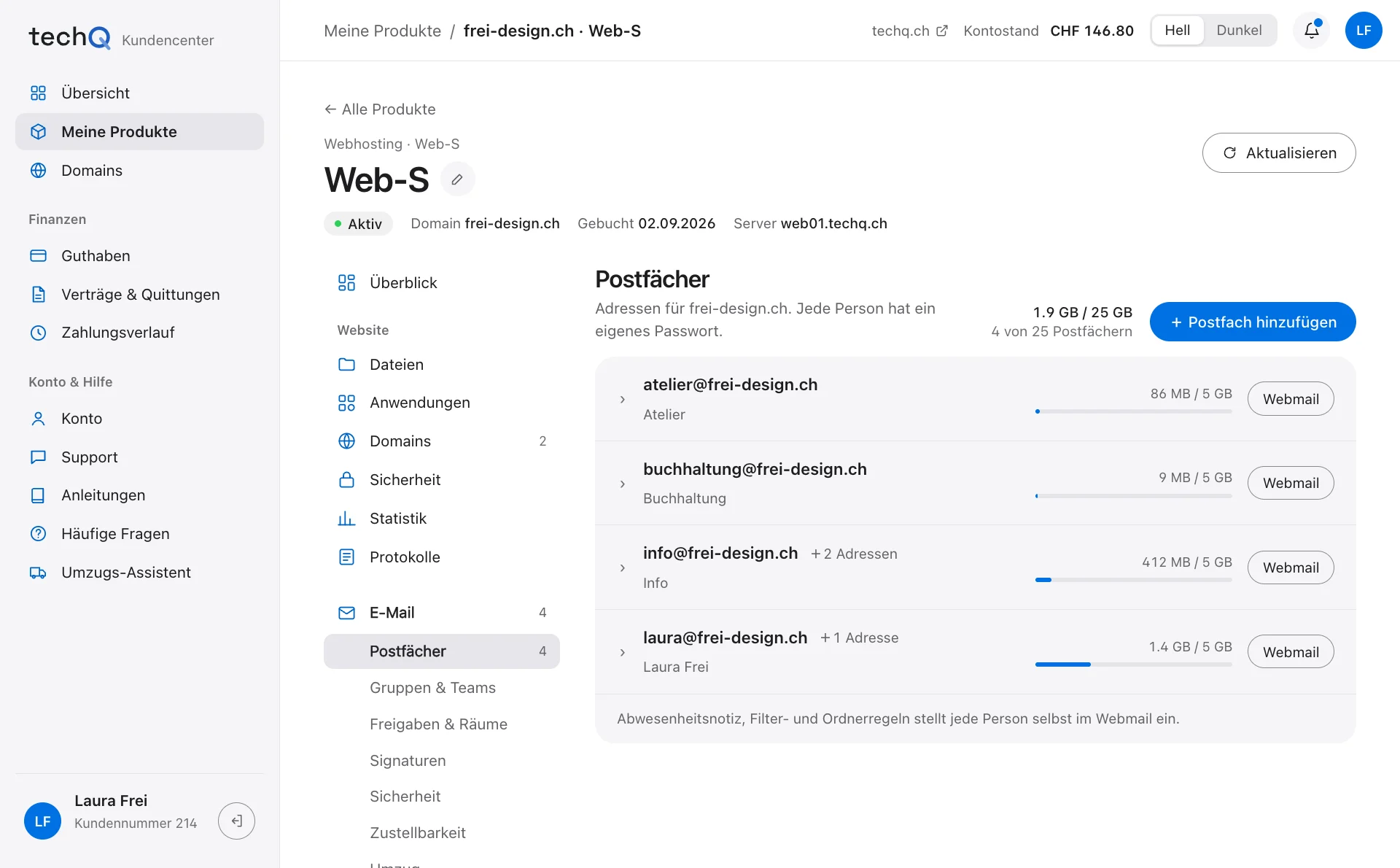 Postfächer im Kundencenter: vier Adressen mit Speicherbelegung und Knopf zum Webmail (Beispieldaten)