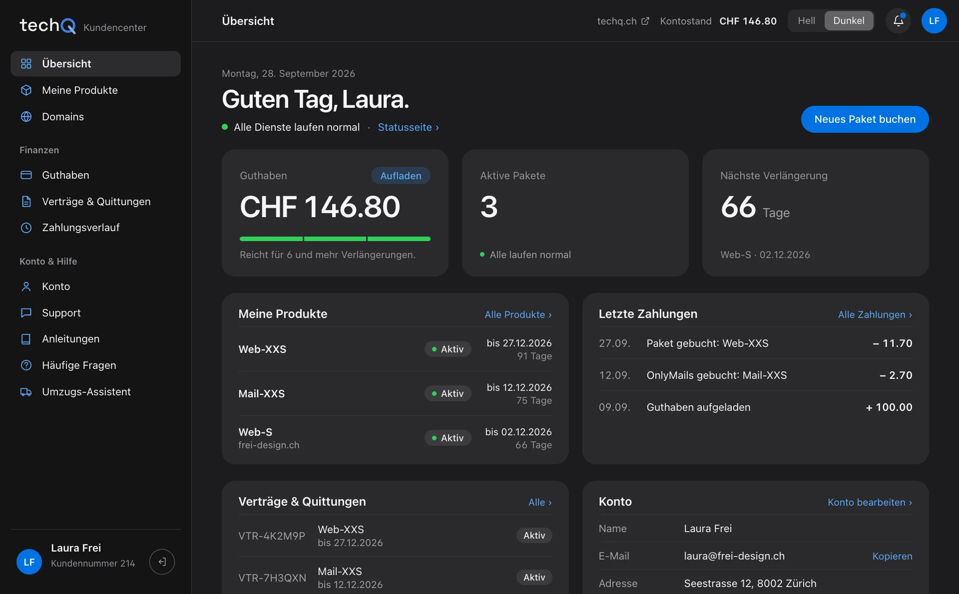 Das Kundencenter, Übersicht: Guthaben, aktive Pakete, nächste Verlängerung, Produkte und letzte Zahlungen (Beispieldaten)