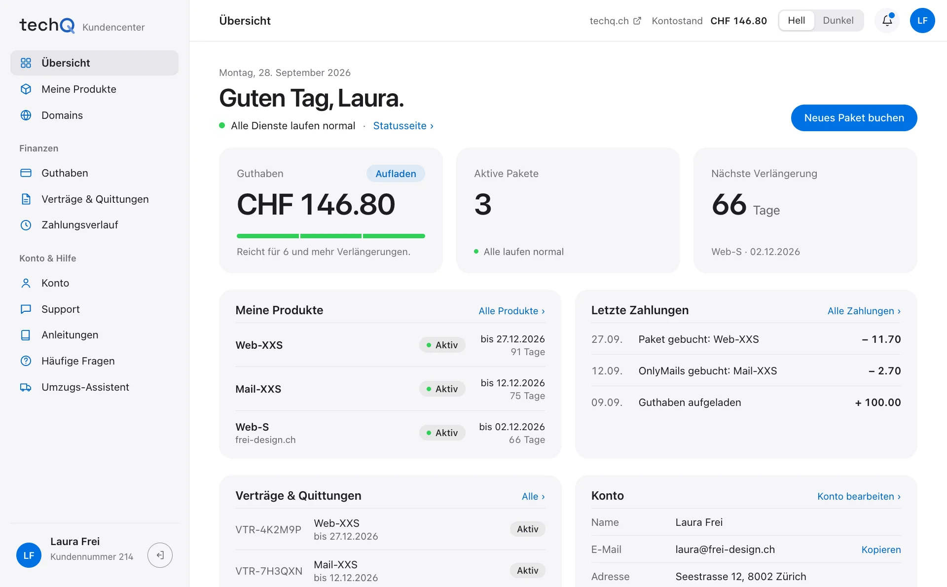 Das Kundencenter, Übersicht: Guthaben, aktive Pakete, nächste Verlängerung, Produkte und letzte Zahlungen (Beispieldaten)